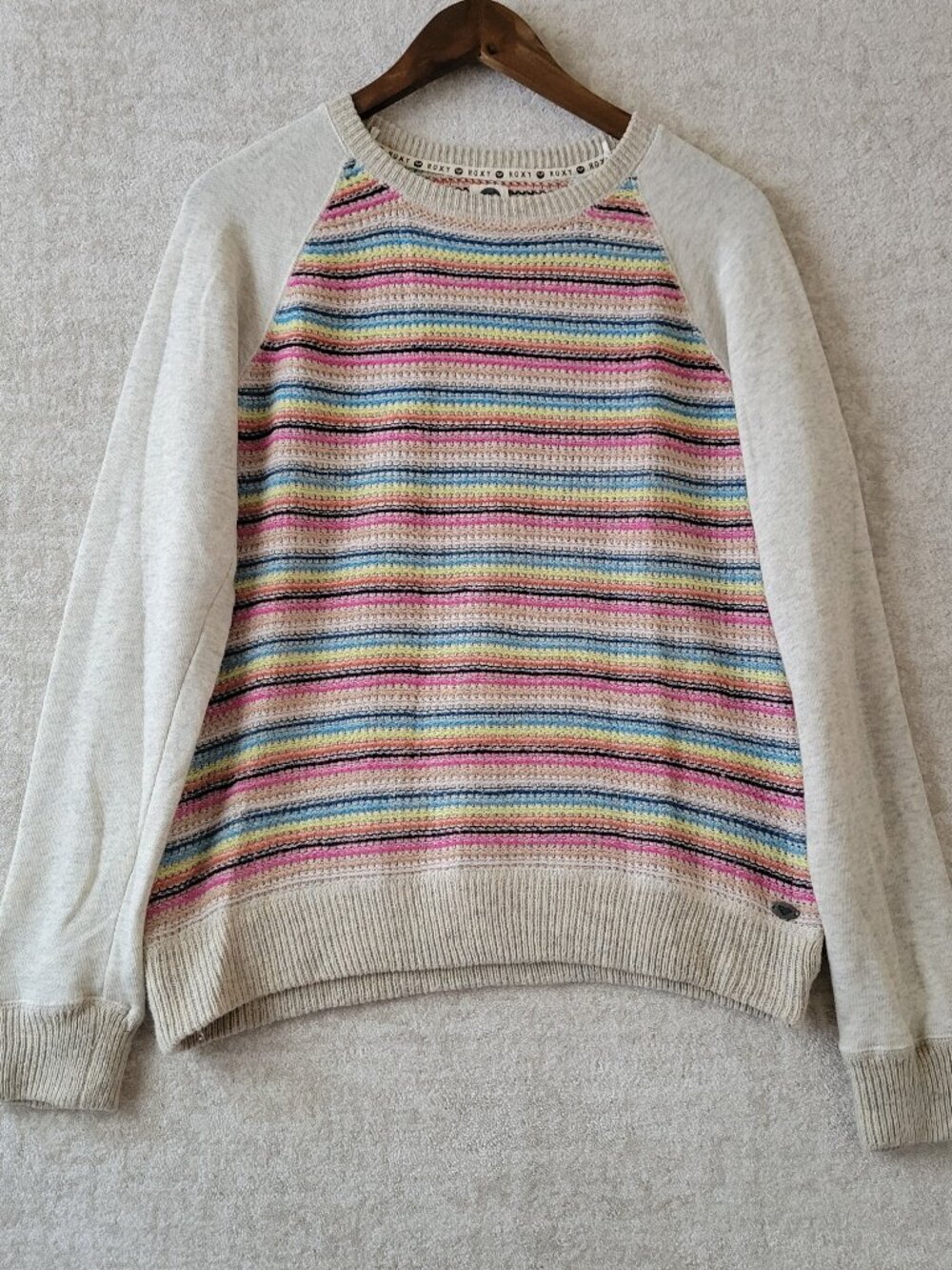 ROXY Rainbow Stripe Knit Raglan Sweater Cream Pastel Beachy Boho Crew Size Large